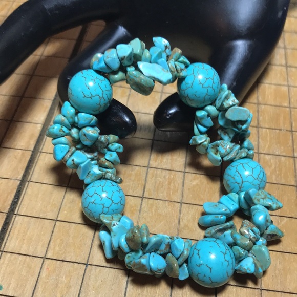Turquoise Stone Nugget Chip, Pretty Dark Vein Ball Bead 7”L Bracelet EVC 70s 80s - Picture 7 of 11
